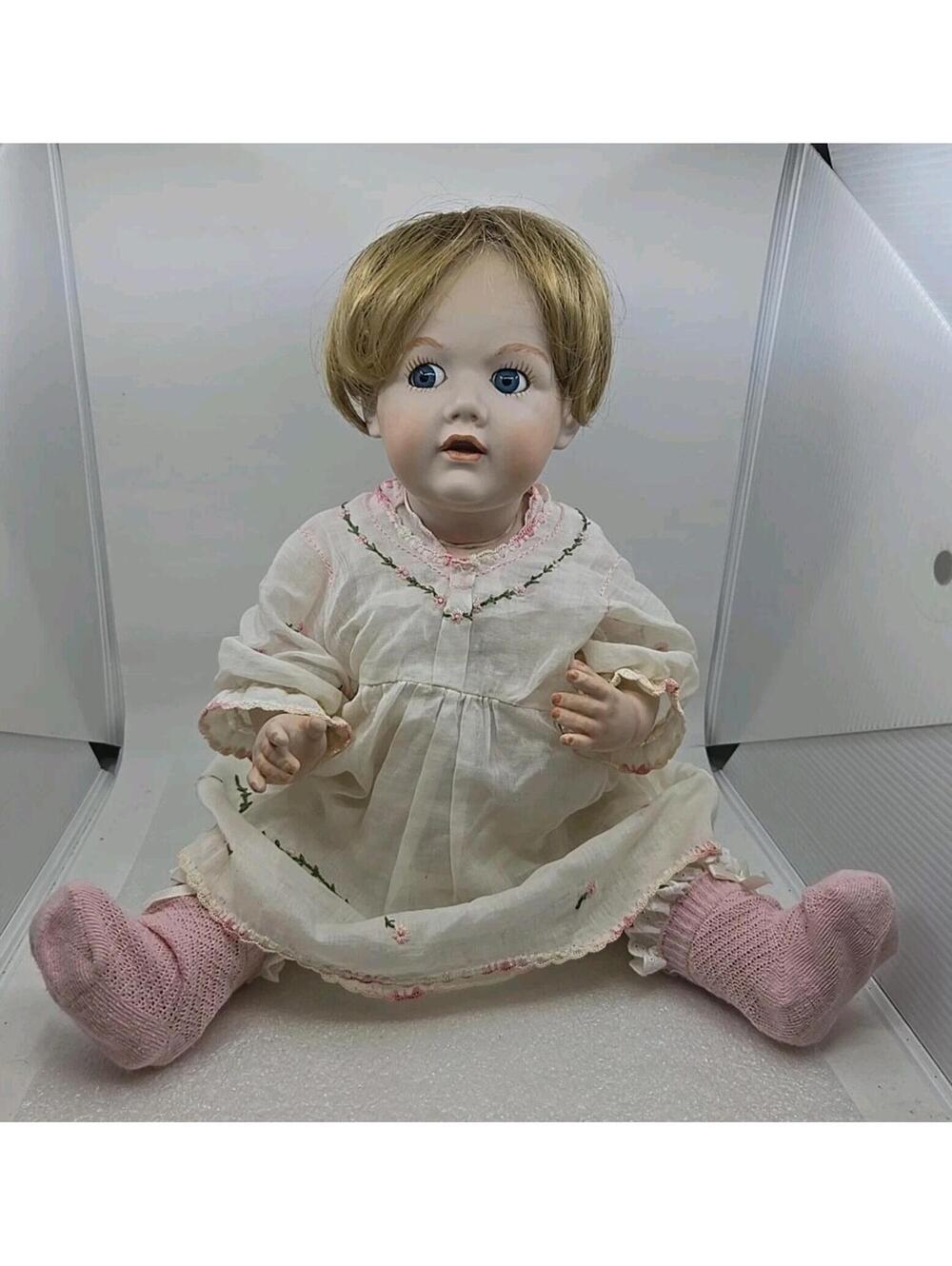 Vintage 18" Germany JDK Fully Jointed Bisque Doll Blue Eyes Wig Signed By Artist